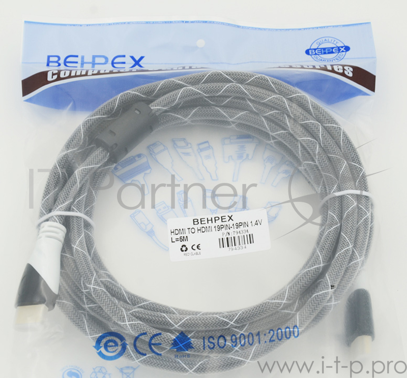 Кабель аудио-видео Black jack HDMI (m)/HDMI (m) 5м. феррит.кольца Позолоченные контакты серый