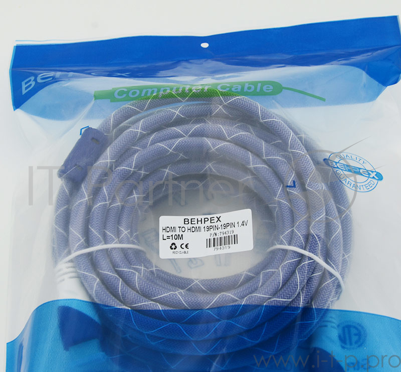Кабель HDMI Ver.1.4 Blue/white jack HDMI19 (m)/HDMI19 (m) 10м феррит.кольца Позолоченные контакты