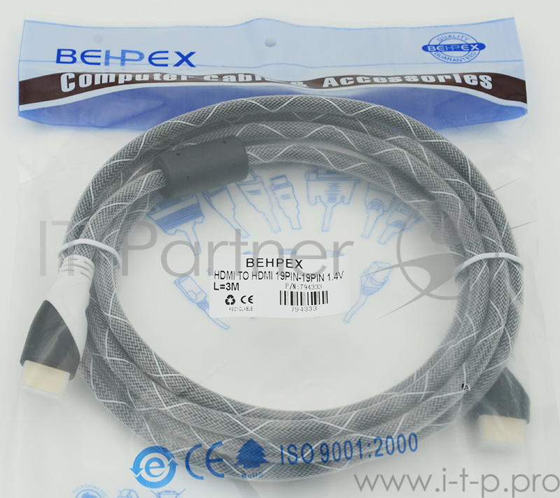 Кабель HDMI Ver.1.4 Black jack HDMI19 (m)/HDMI19 (m) 3м феррит.кольца Позолоченные контакты