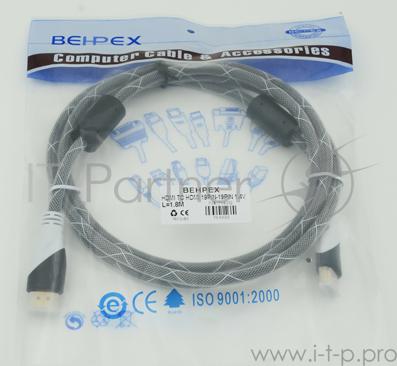 Кабель HDMI Ver.1.4 Black jack HDMI(19pin)/HDMI(19pin) (1.8м) феррит.кольца Позолоченные контакты