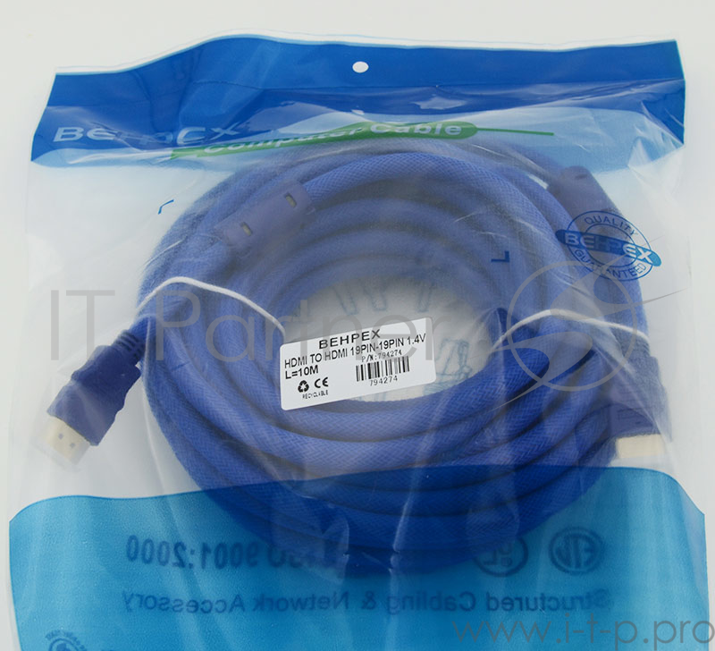 Кабель HDMI Ver.1.4 Blue jack HDMI19 (m)/HDMI19 (m) 10м феррит.кольца Позолоченные контакты