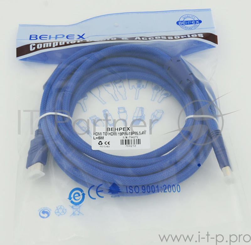 Кабель HDMI Ver.1.4 Blue jack HDMI19 (m)/HDMI19 (m) 5м феррит.кольца Позолоченные контакты