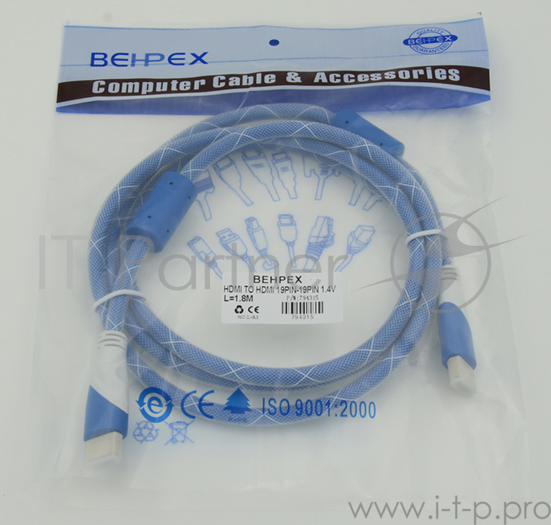 Кабель HDMI Ver.1.4 Blue/white jack HDMI19 (m)/HDMI19 (m) 1.8м феррит.кольца Позолоченные контакты