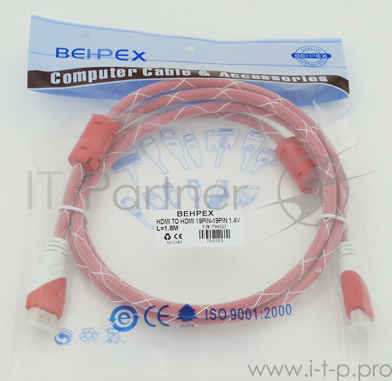 Кабель HDMI Ver.1.4 Red jack HDMI19 (m)/HDMI19 (m) 1.8м феррит.кольца Позолоченные контакты