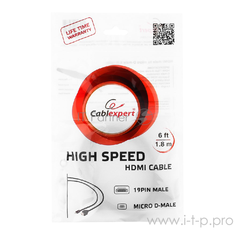 Кабель HDMI-microHDMI Gembird/Cablexpert CC-HDMID-6, v1.3, 19M/19M, 1.8м, черный, позол.разъемы, экран, пакет