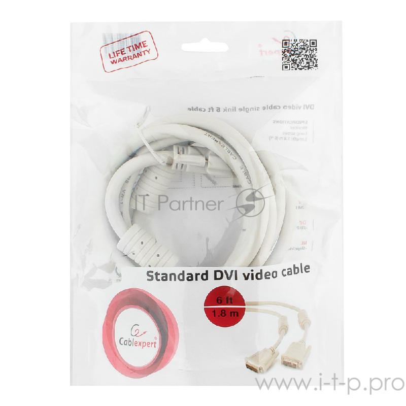 Кабель DVI-D single link Gembird/Cablexpert CC-DVI-6C, 19M/19M, 1.8м, серый, экран, феррит.кольца, пакет