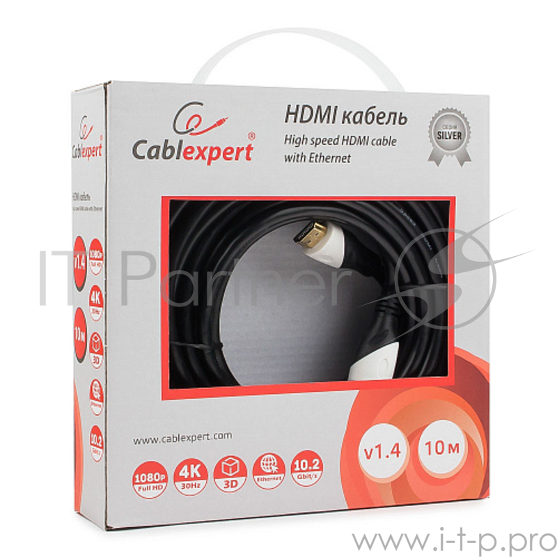 Кабель HDMI Cablexpert, серия Silver, длина 10 м, v1.4, M/M, позол.разъемы, коробка