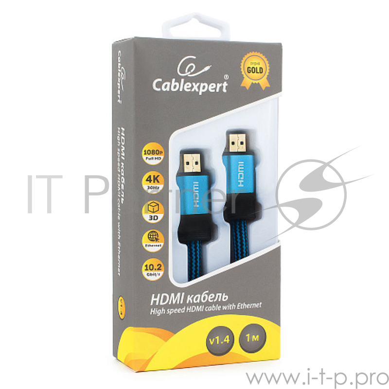 Кабель HDMI Cablexpert, серия Gold, 1 м, v1.4, M/M, синий, позол.разъемы, алюминиевый корпус, нейлоновая оплетка, коробка