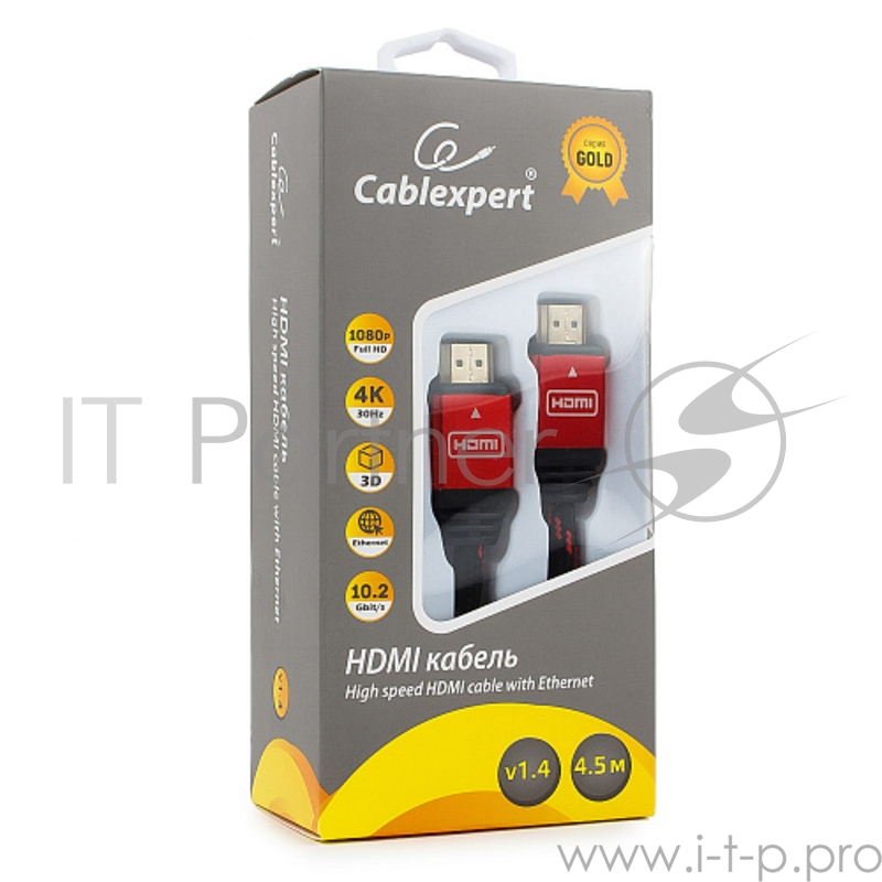 Кабель HDMI Cablexpert, серия Gold, 4,5 м, v1.4, M/M, красный, позол.разъемы, алюминиевый корпус, нейлоновая оплетка, коробка