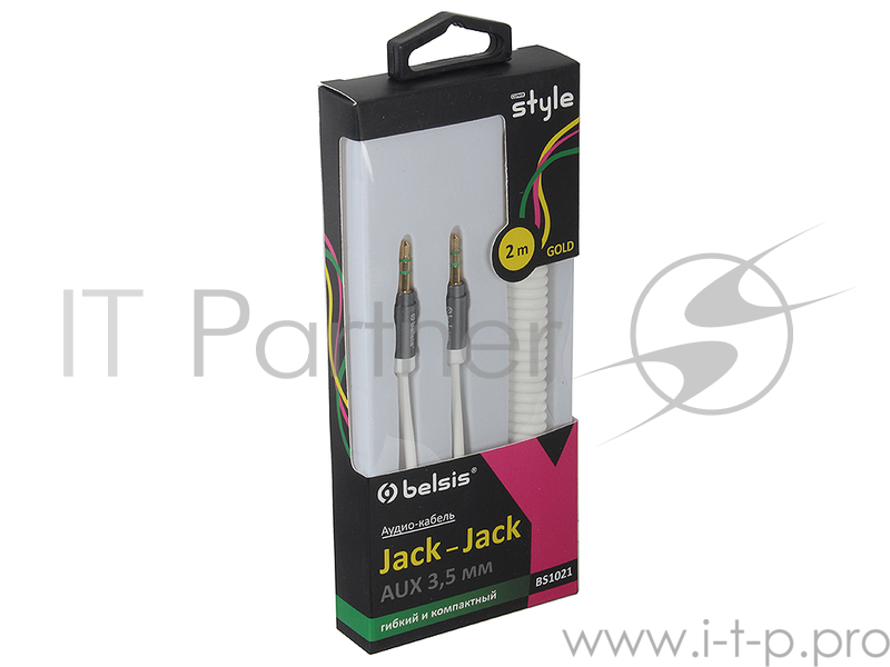 Кабель Belsis BS1021 Jack 3.5-Jack 3.5 2m спиральный, позолоченный, белый