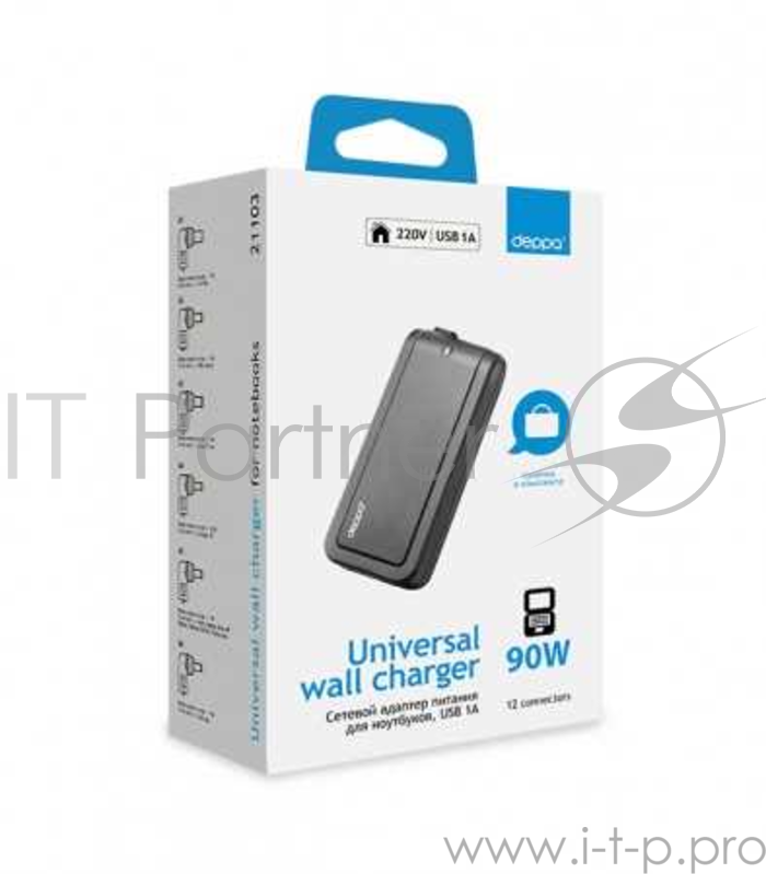 Сетевой адаптер питания Deppa Slim для ноутбуков, универсальный, 12 коннектеров, 90 Вт, порт USB, 1A, (21103)