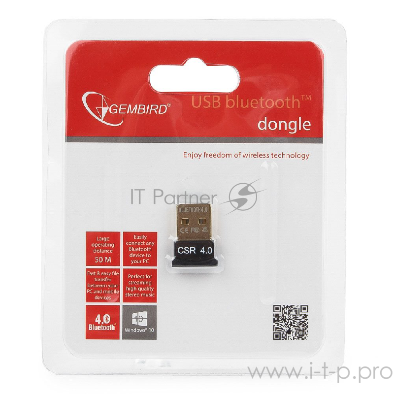 Адаптер Bluetooth Gembird, BTD-MINI5, ультратонкий корпус, v.4.0, 50 метров, до 24 Мбит/сек, USB