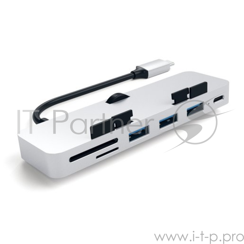 USB-концентратор Satechi Aluminum Type-C Clamp Hub Pro для 2017 iMac и iMac Pro. Интерфейс USB-C. 3 разъема USB 3.0, 1 разъем USB-C, слоты для карты памяти SD, Micro SD. Цвет серебряный.