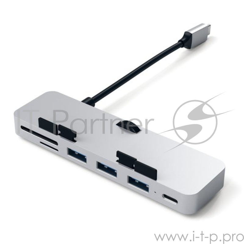USB-концентратор Satechi Aluminum Type-C Clamp Hub Pro для 2017 iMac и iMac Pro. Интерфейс USB-C. 3 разъема USB 3.0, 1 разъем USB-C, слоты для карты памяти SD, Micro SD. Цвет серебряный.