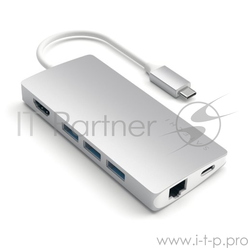 USB-концентратор Satechi Aluminum Multi-Port Adapter V2. Интерфейс USB-C. 3 порта USB 3.0, 1 порт 4K HDMI, 1 порт Ethernet RJ-45, SD/micro-SD кардридер. Цвет серебряный.