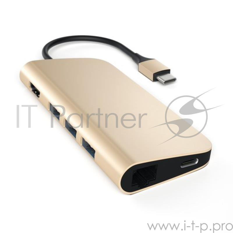 USB адаптер Satechi Aluminum Multi-Port Adapter 4K with Ethernet. Интерфейс USB-C. Порты: USB Type-C, 3хUSB 3.0, 4K HDMI, Ethernet RJ-45, SD / micro-SD. Цвет золотой.