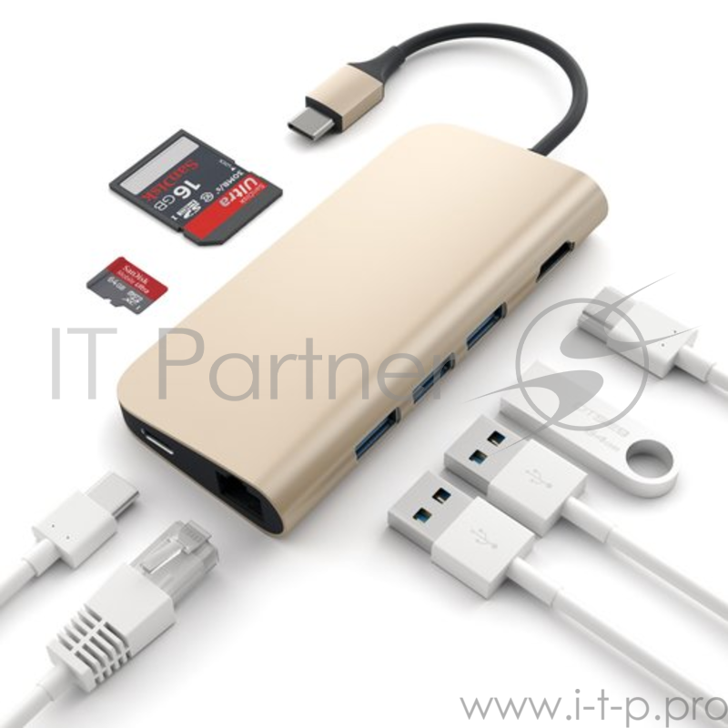 USB адаптер Satechi Aluminum Multi-Port Adapter 4K with Ethernet. Интерфейс USB-C. Порты: USB Type-C, 3хUSB 3.0, 4K HDMI, Ethernet RJ-45, SD / micro-SD. Цвет золотой.