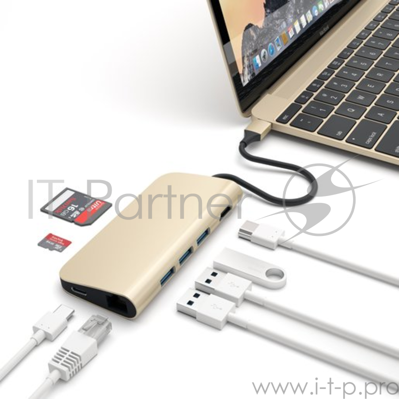 USB адаптер Satechi Aluminum Multi-Port Adapter 4K with Ethernet. Интерфейс USB-C. Порты: USB Type-C, 3хUSB 3.0, 4K HDMI, Ethernet RJ-45, SD / micro-SD. Цвет золотой.