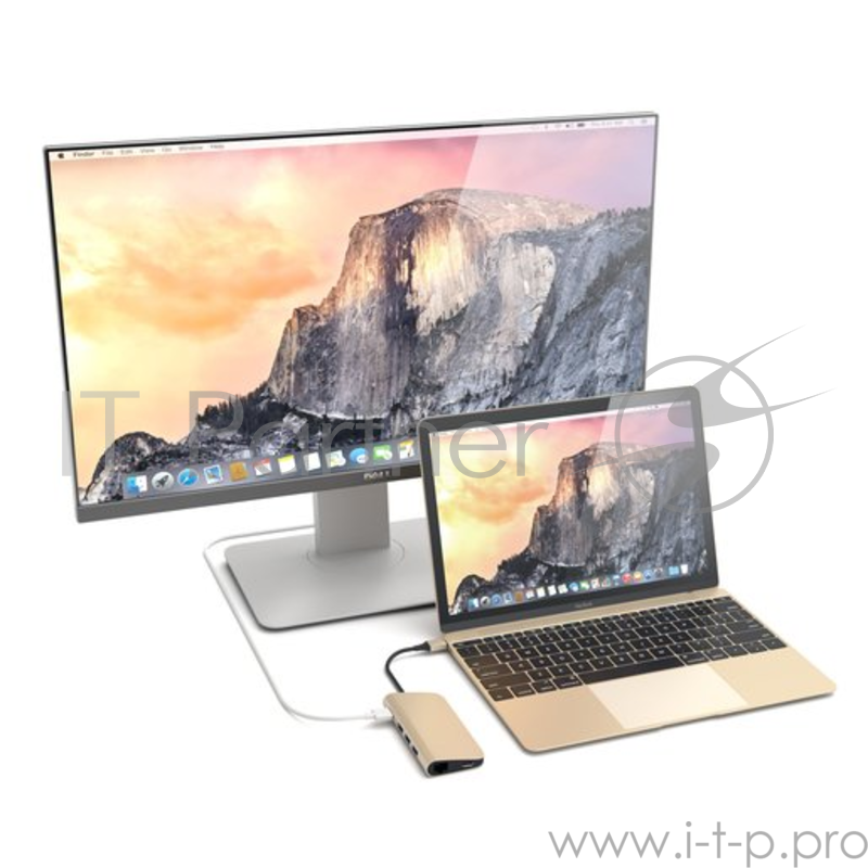 USB адаптер Satechi Aluminum Multi-Port Adapter 4K with Ethernet. Интерфейс USB-C. Порты: USB Type-C, 3хUSB 3.0, 4K HDMI, Ethernet RJ-45, SD / micro-SD. Цвет золотой.
