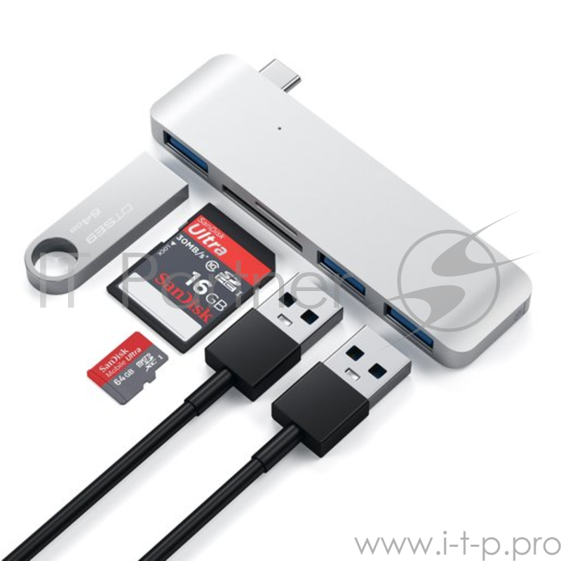 USB-хаб Satechi Type-C USB Hub для Macbook с портом USB-C. Порты: 3 x USB 3.0, SD, microSD. Цвет серебряный.