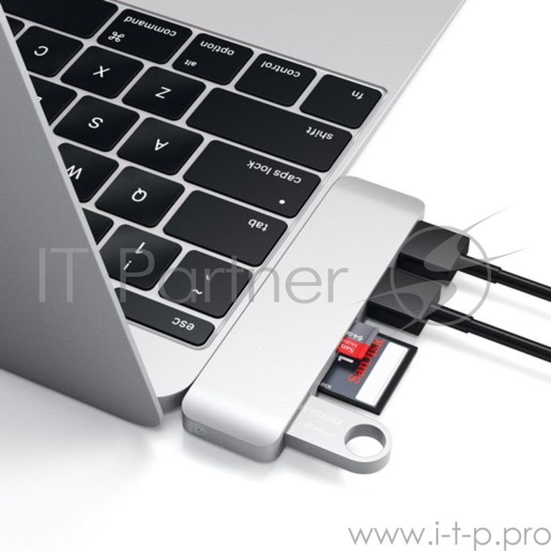 USB-хаб Satechi Type-C USB Hub для Macbook с портом USB-C. Порты: 3 x USB 3.0, SD, microSD. Цвет серебряный.