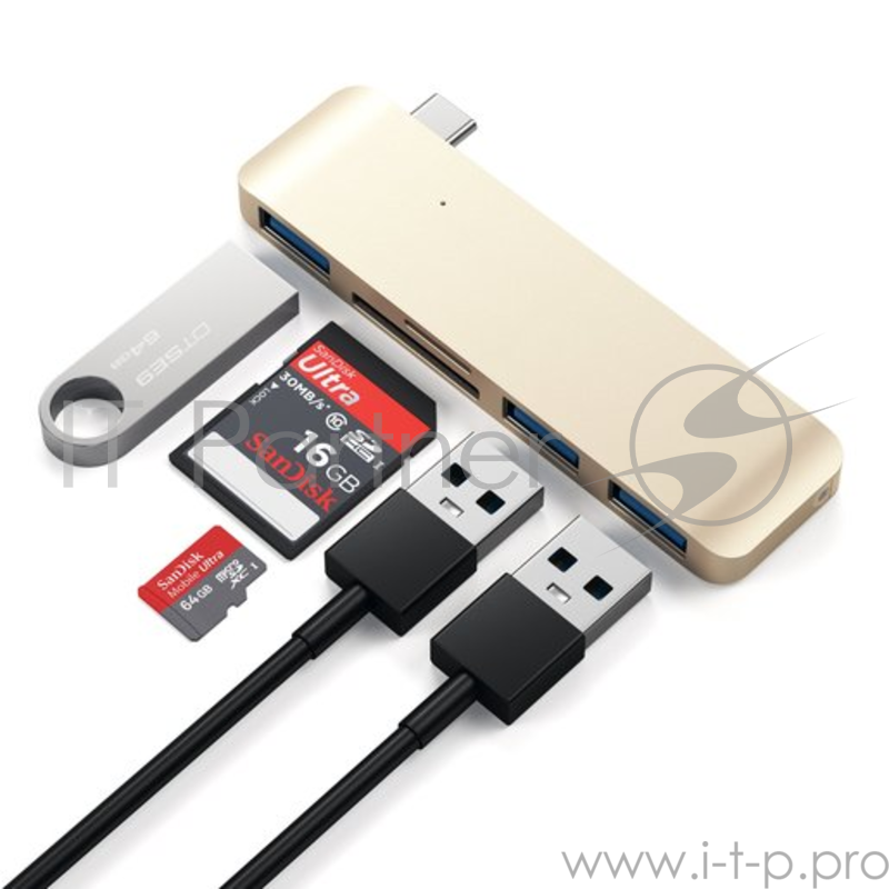 USB-хаб Satechi Type-C USB Hub для Macbook с портом USB-C. Порты: 3 x USB 3.0, SD, microSD. Цвет золотой.