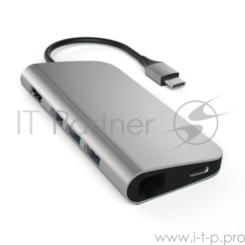 USB адаптер Satechi Aluminum Multi-Port Adapter 4K with Ethernet. Интерфейс USB-C. Порты: USB Type-C, 3хUSB 3.0, 4K HDMI, Ethernet RJ-45, SD / micro-SD . Цвет серый космос.