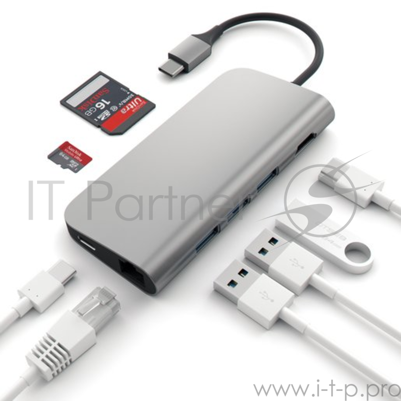 USB адаптер Satechi Aluminum Multi-Port Adapter 4K with Ethernet. Интерфейс USB-C. Порты: USB Type-C, 3хUSB 3.0, 4K HDMI, Ethernet RJ-45, SD / micro-SD . Цвет серый космос.