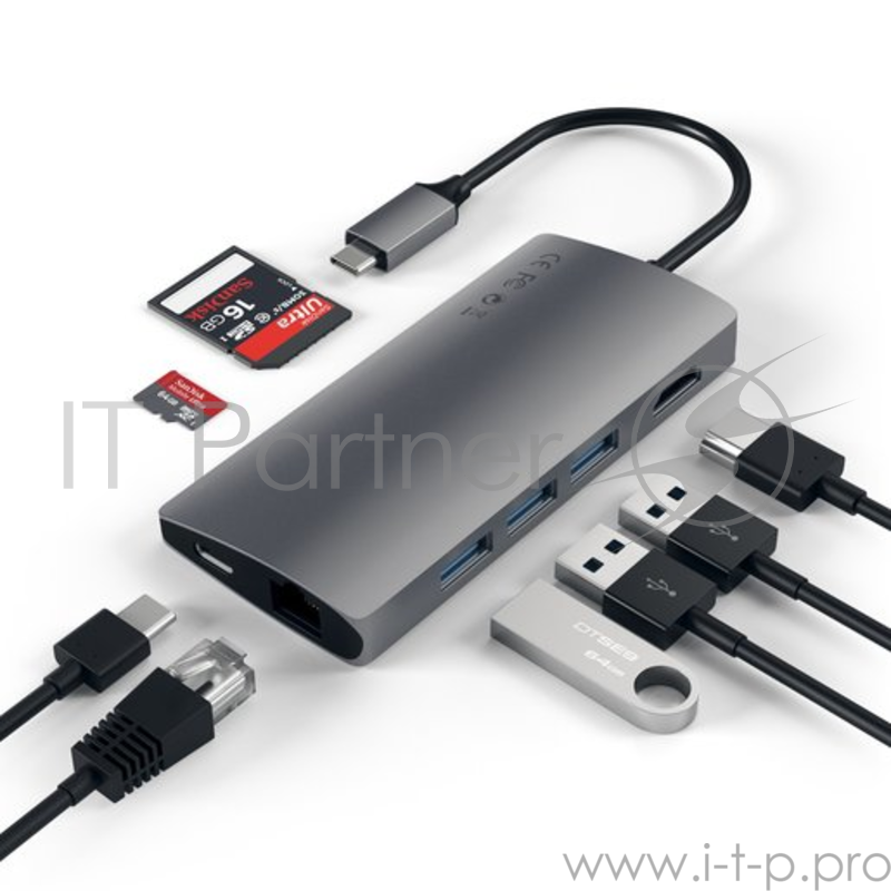 USB-концентратор Satechi Aluminum Multi-Port Adapter V2. Интерфейс USB-C. 3 порта USB 3.0, 1 порт 4K HDMI, 1 порт Ethernet RJ-45, SD/micro-SD кардридер. Цвет серый космос.