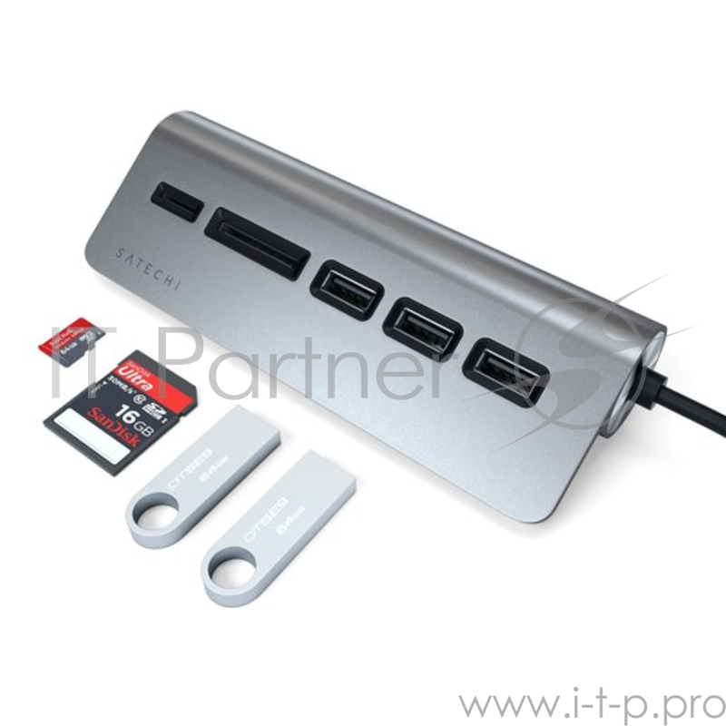 USB-концентратор Satechi Type-C USB Hub & Micro/SD Card Reader. Интерфейс USB-C. 3 порта USB 3.0 , слоты для карты памяти. Цвет серый космос.