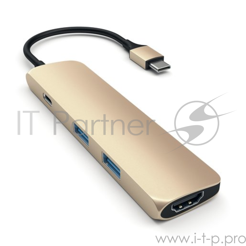 USB адаптер Satechi Slim Aluminum Type-C Multi-Port Adapter with Type-C Charging Port. Интерфейс USB-C. Порты USB Type-C, 2хUSB 3.0, 4K HDMI. Цвет золотой.