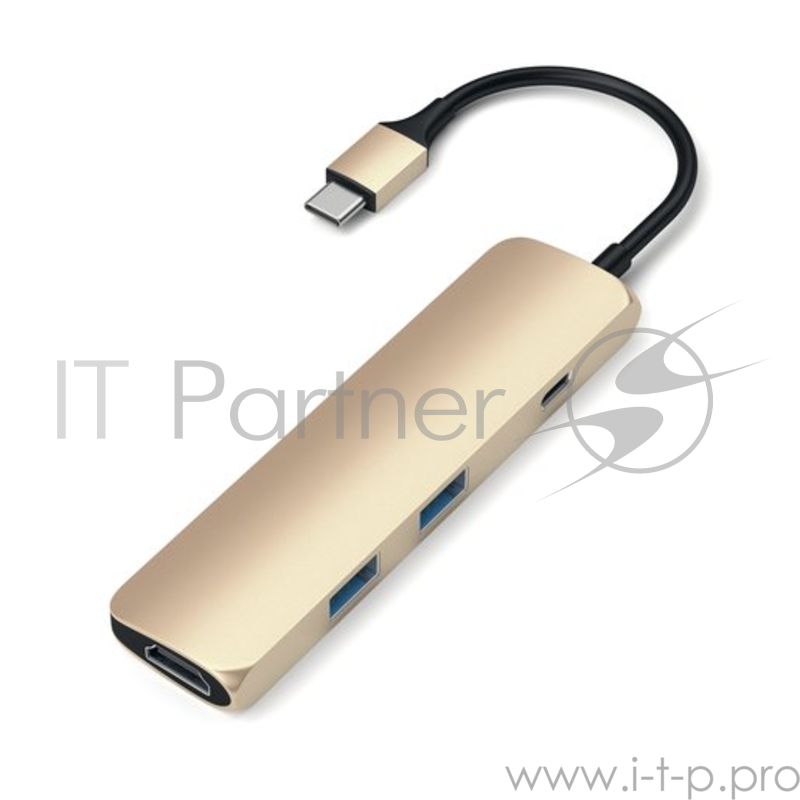 USB адаптер Satechi Slim Aluminum Type-C Multi-Port Adapter with Type-C Charging Port. Интерфейс USB-C. Порты USB Type-C, 2хUSB 3.0, 4K HDMI. Цвет золотой.