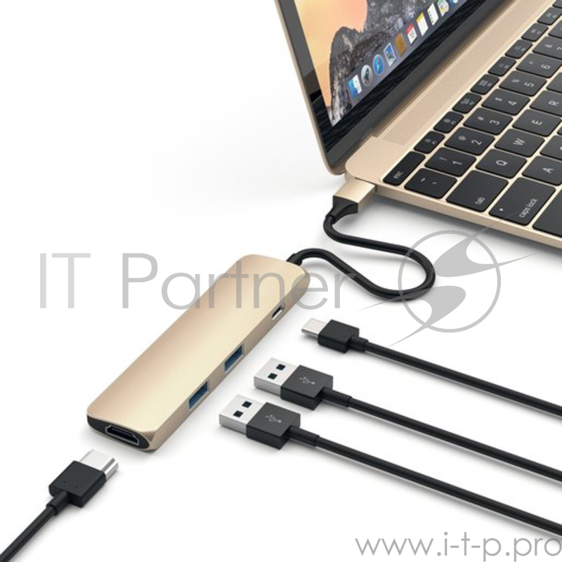 USB адаптер Satechi Slim Aluminum Type-C Multi-Port Adapter with Type-C Charging Port. Интерфейс USB-C. Порты USB Type-C, 2хUSB 3.0, 4K HDMI. Цвет золотой.