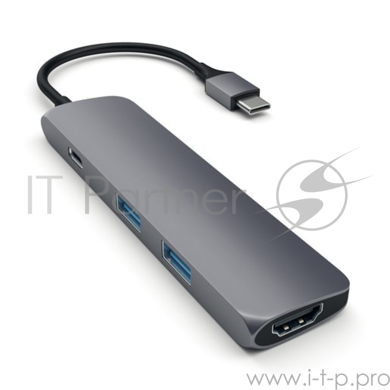 USB адаптер Satechi Slim Aluminum Type-C Multi-Port Adapter with Type-C Charging Port. Интерфейс USB-C. Порты USB Type-C, 2хUSB 3.0, 4K HDMI. Цвет серый космос.
