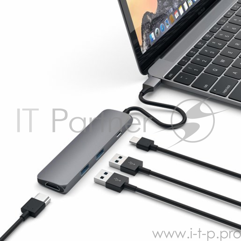 USB адаптер Satechi Slim Aluminum Type-C Multi-Port Adapter with Type-C Charging Port. Интерфейс USB-C. Порты USB Type-C, 2хUSB 3.0, 4K HDMI. Цвет серый космос.