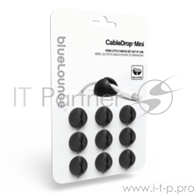 Комплект Bluelounge CableDrop Mini из 9 резиновых держателей для проводов, держатели крепятся к поверхности при помощи липучек. Цвет: черный
