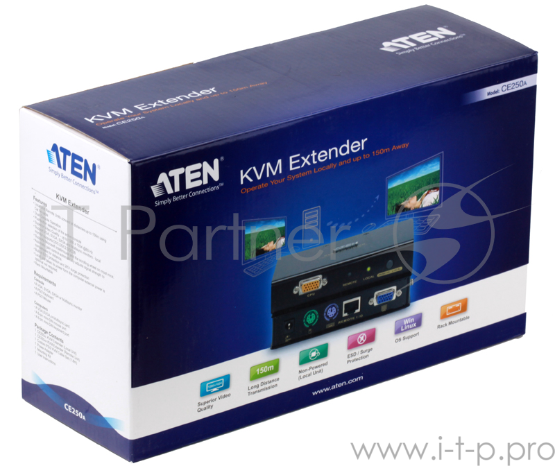 Удлинитель, SVGA+KBD+MOUSE PS2 ATEN, 150 метр., HD-DB15+2x6MINIDIN, Female, с KVM-шнуром, Б.П. 220> 5V (CE250A-A7-G)