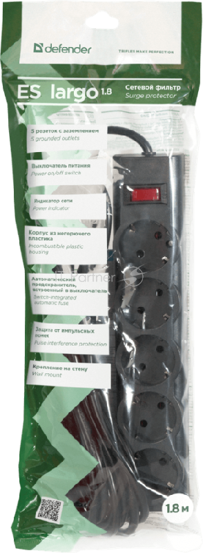 Сетевые фильтры Defender Фильтр ES Largo 1.8 м, 5 розеток, черный 99497