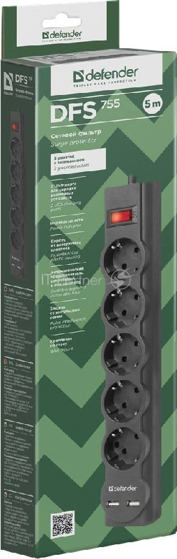 Сетевые фильтры Defender Фильтр DFS 755 5.0 м, 5 розеток, 2xUSB, 2.1A (99755)