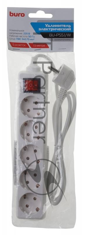 Сетевые фильтры BURO Сетевой удлинитель 5 розеток, 1.5 метра (BU-PS5.1/W), белый (пакет ПЭ) {475296}