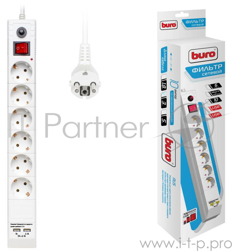 Сетевые фильтры BURO Сетевой фильтр, 6 розеток, 3 метра, (BU-SP3_USB_2A-W), белый (коробка) {992311}