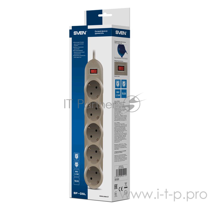 Сетевые фильтры SVEN Фильтр SF-05L 1.8 м (5 евророзеток), серый SV-015091