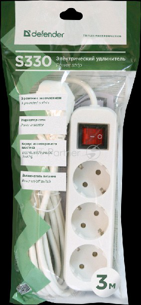 Сетевые фильтры Defender Удлинитель S330 3.0 м, 3 розетки 99234 выключатель, с заземлением