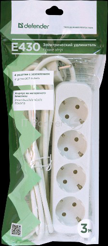Сетевые фильтры Defender Удлинитель E430 3.0 м, 4 розетки 99226, с заземлением