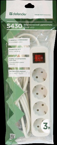 Сетевые фильтры Defender Удлинитель S430 3.0 м, 4 розетки 99238, выключатель, с заземлением