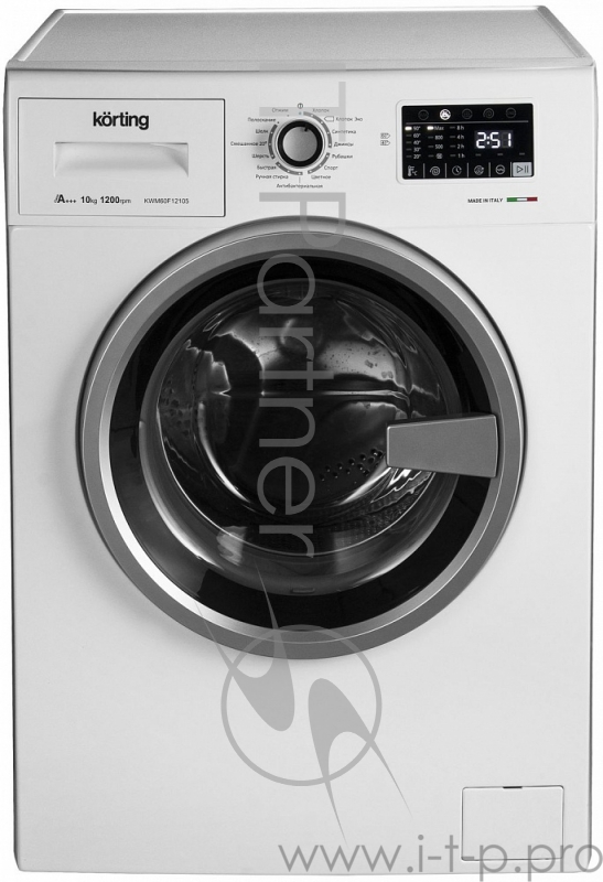 Полноразмерные стиральные машины Korting 850х595х600, фронтальная загрузка, 10 кг, 1200 об/мин, сенсорное управление, LED индикация настроек и этапов выполнения программы, цифровой дисплей с индикацией продолжительности программы, отложенный старт,