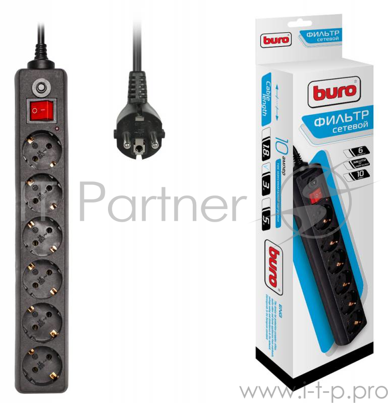 Сетевые фильтры BURO Сетевой фильтр, 6 розеток, 3 метра, (600SH-3-B), черный (коробка) {992272}