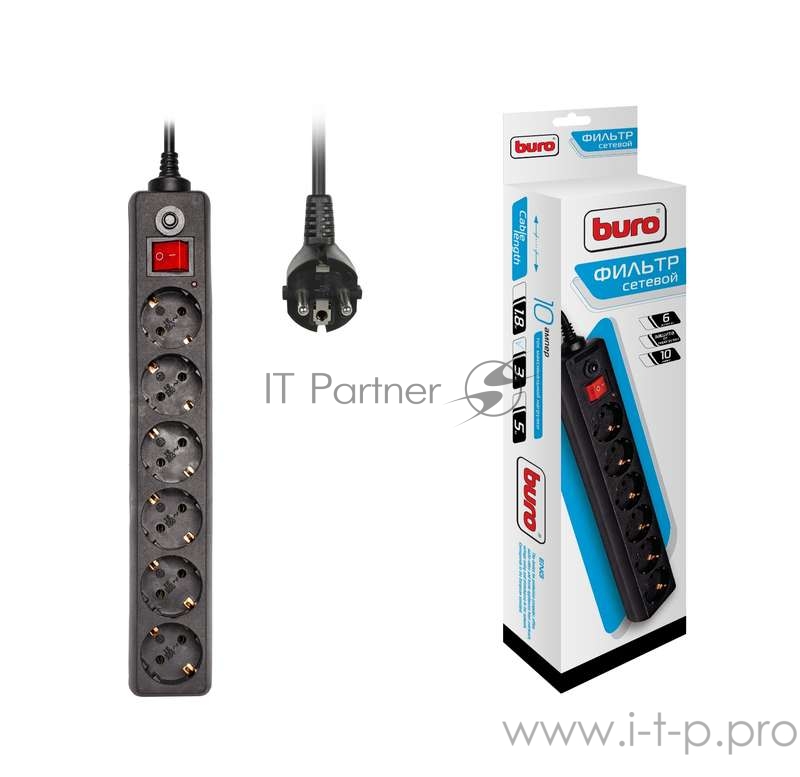 Сетевые фильтры BURO Сетевой фильтр, 6 розеток, 3 метра, (600SH-3-B), черный (коробка) {992272}