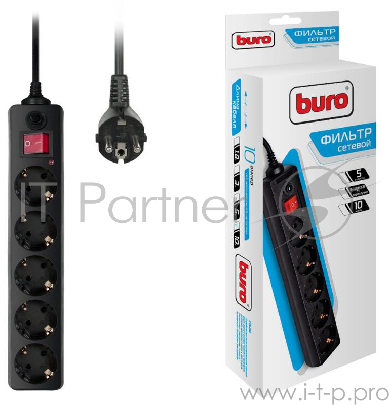 Сетевые фильтры BURO Сетевой фильтр, 5 розеток, 10 метров, (500SH-10-B), черный (коробка) {992303}