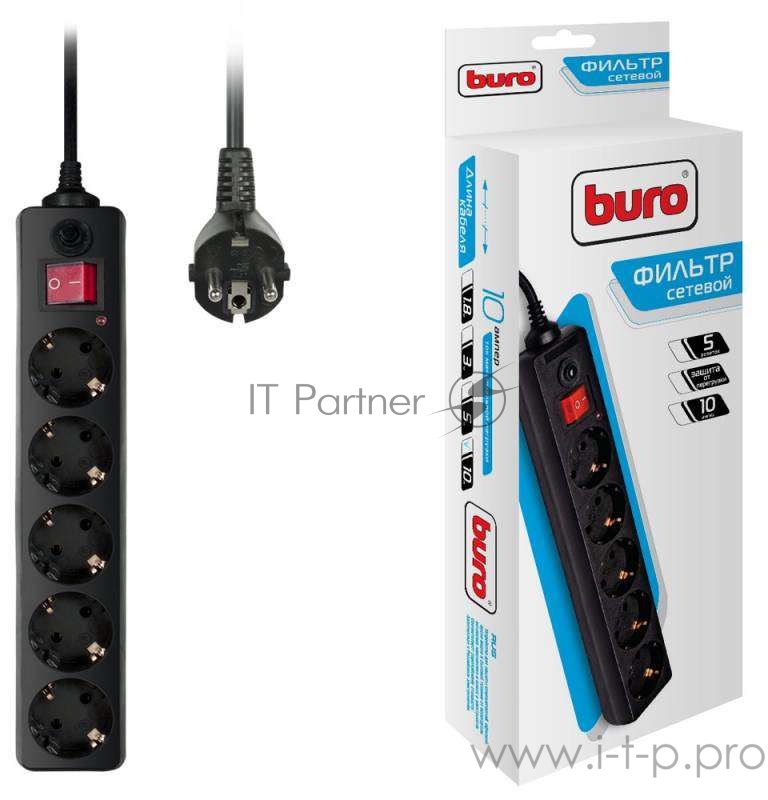 Сетевые фильтры BURO Сетевой фильтр, 5 розеток, 10 метров, (500SH-10-B), черный (коробка) {992303}